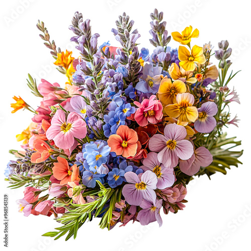 Bright and beautiful bouquet of colorful flowers including yellow daisies and purple blooms arranged