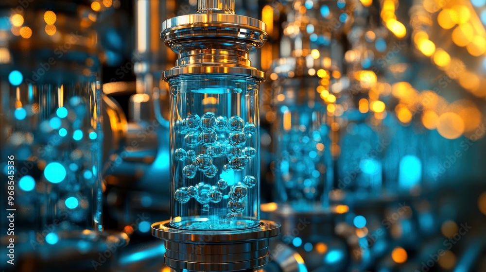 Hydrogen fuel cell, in a lab setting, tubes and tanks, artificial lighting Hydrogen fuel cell, in a lab setting, tubes and tanks, artificial lighting