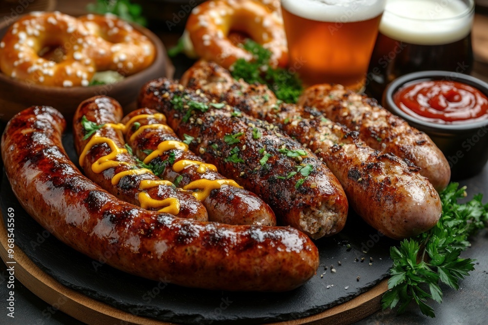 Grilled pork sausages, mustard dipping sauce, rustic wooden board, fresh herbs garnish, barbecue food, gourmet sausages, sausage platter, grilled meat, charred sausages, artisanal sausages Grilled pork sausages, mustard dipping sauce, rustic wooden board, fresh herbs garnish, barbecue food, gourmet sausages, sausage platter, grilled meat, charred sausages, artisanal sausages