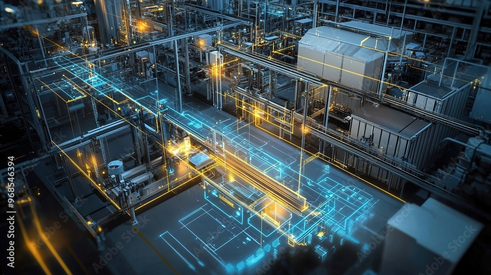 Smart factory with IoT-connected devices and automation systems. Smart factory with IoT-connected devices and automation systems.