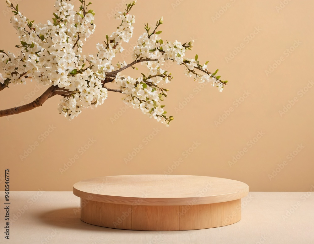 Geometric empty podium wooden platform stand for product presentation and spring flowering tree branch with white flowers on pastel beige background. Ai generated image