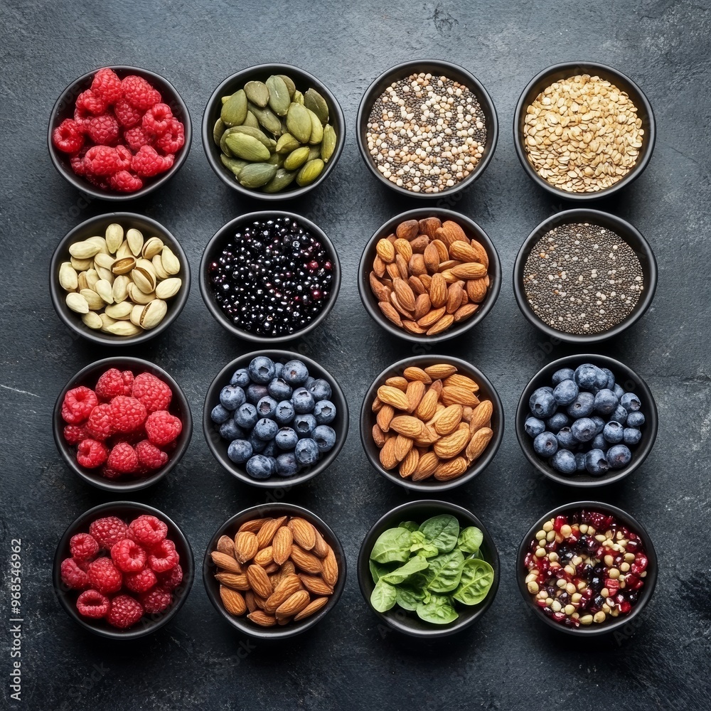 Healthy food clean eating selection. Fruit, vegetable, seeds, superfood, cereal, leaf vegetable on gray concrete background. Top view. Healthy food background and Copy space for text
