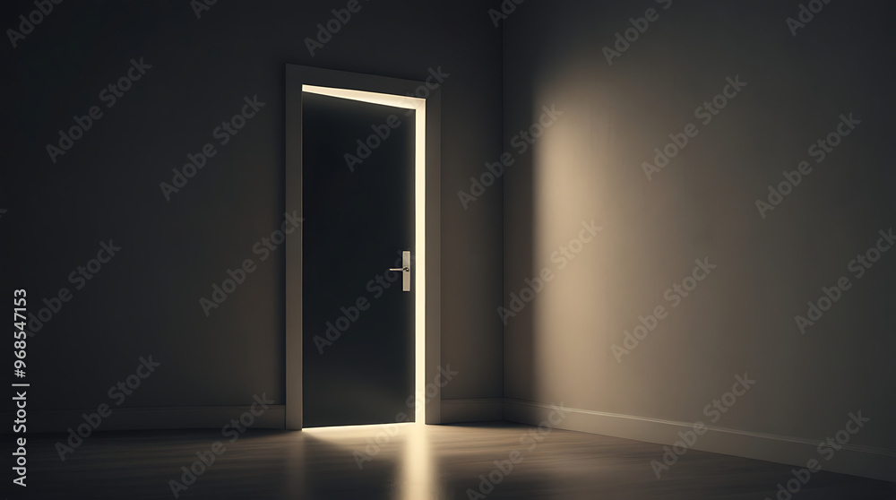 A minimal illustration of an open door, with just a sliver of light shining through the gap. The door is simple and clean, symbolizing new opportunities and potential A minimal illustration of an open door, with just a sliver of light shining through the gap. The door is simple and clean, symbolizing new opportunities and potential