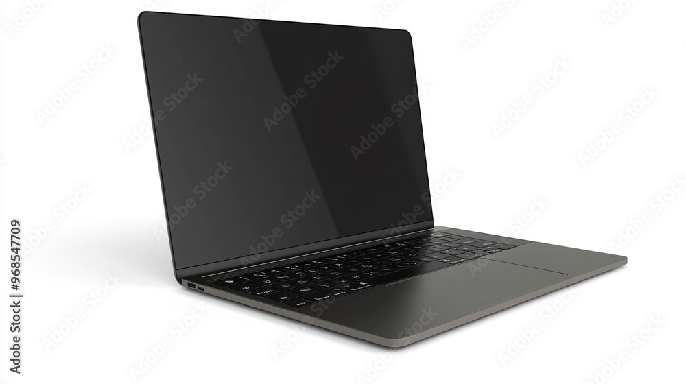 A sleek black laptop open on a white background, ready for work or study while showcasing its minimalist design A sleek black laptop open on a white background, ready for work or study while showcasing its minimalist design