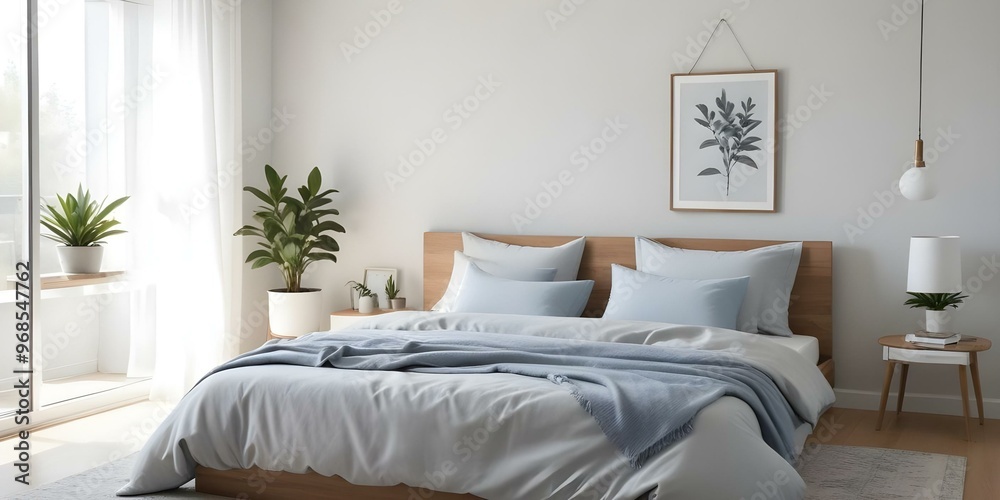 A cozy and minimalist bedroom with a gray and white color scheme. The bed is dressed in light blue and gray bedding, and there is a potted plant and framed artwork. A cozy and minimalist bedroom with a gray and white color scheme. The bed is dressed in light blue and gray bedding, and there is a potted plant and framed artwork.