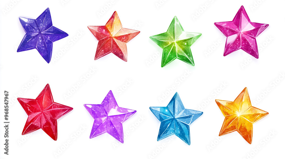 Colorful star-shaped gems displayed on a white background, showcasing vibrant hues of red, green, blue, and purple in various arrangements Colorful star-shaped gems displayed on a white background, showcasing vibrant hues of red, green, blue, and purple in various arrangements