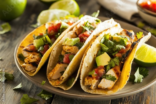 Tiga taco ayam dengan salsa segar dan irisan jeruk nipis di piring. photo