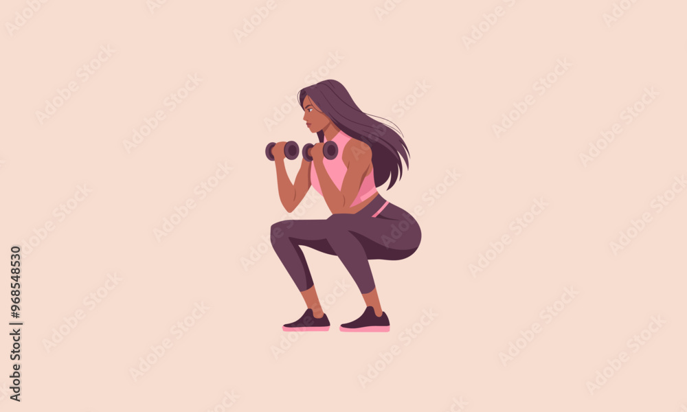 A woman doing squats while holding dumbbells during a workout. A woman doing squats while holding dumbbells during a workout.