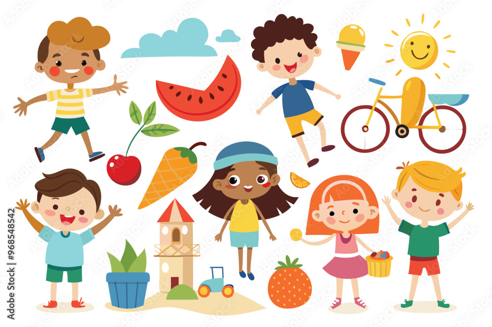 Illustration set of child drawings summer isolated on white background, Vector, Illustration Illustration set of child drawings summer isolated on white background, Vector, Illustration