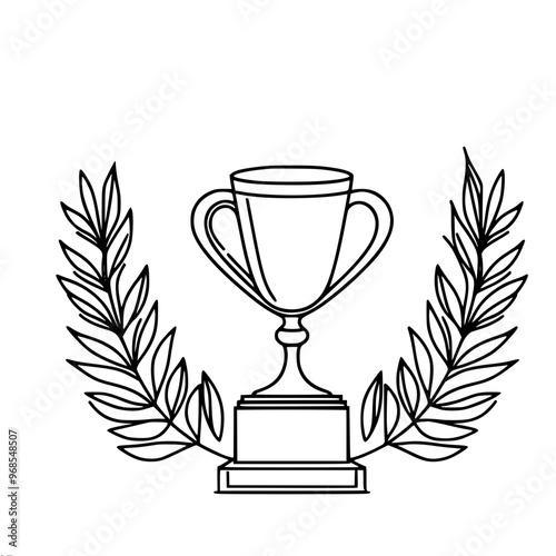 Linear vector illustration of a trophy with two handles surrounded by laurel branches symbolizing achievement and success