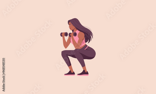 A woman doing squats while holding dumbbells during a workout.