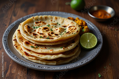 Mouthwatering Display of Freshly Made Aloo Gobi Parathas with Yogurt, Pickle, and Butter on a Traditional Indian Thali