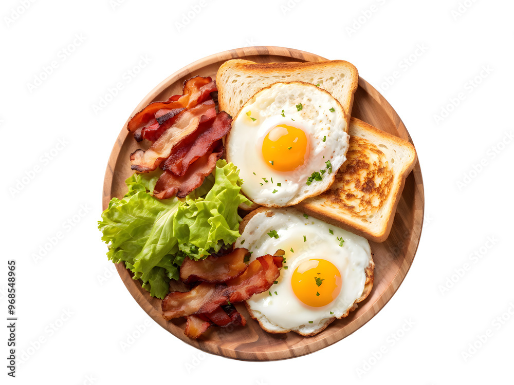 Plate with fried eggs, bacon, toasts and lettuce on transparent background
Plate with fried eggs, bacon, toasts and lettuce on transparent background