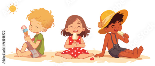 Three children of different races eating an ice cream on the beach. Illustration of children feeling happy with their ice cream. Summer holiday or vacation vector. Playing at beach. Holiday concept.