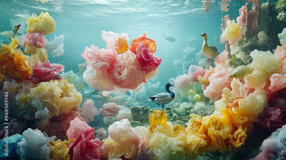 Plastic debris, floating in a pond, ducks swimming nearby, morning light Plastic debris, floating in a pond, ducks swimming nearby, morning light