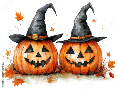 Watercolor halloween, autumn artwork showing two orange jack-o-lantern pumpkins wearing black witch hats surrounded by fall leaves isolated on white background
