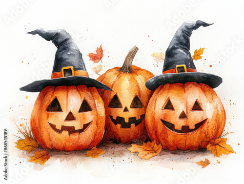 Watercolor halloween, autumn artwork showing three smiling orange jack-o-lantern pumpkins wearing black witch hats surrounded by fall leaves isolated on white background