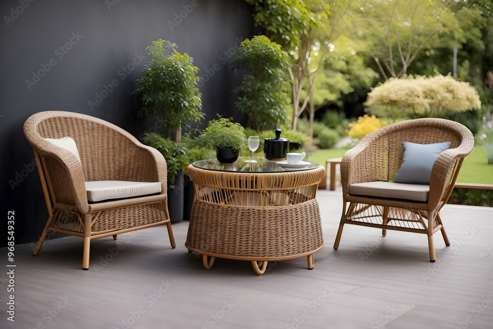 Obraz premium Wicker patio chairs and table in garden