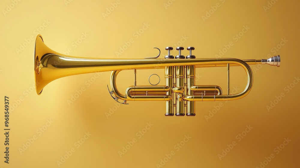 Playing the trumpet, brass instrument gleaming, music stand, soft room light