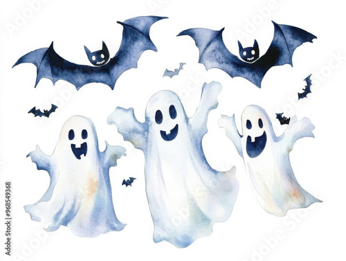 Halloween watercolor painting showing smiling ghosts and bats flying, isolated on white