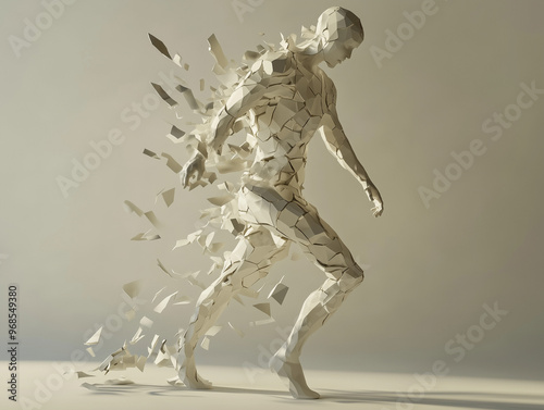 stressed: A surreal sculpture of a human figure with fragmented pieces flying off, symbolizing the effect of stress breaking them apart. 