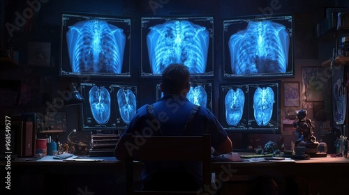 Radiology reading room, monitors displaying scans, radiologist at a desk, dim lighting