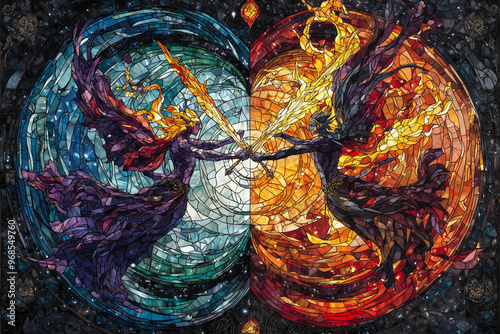 Epic Angel vs Demon Battle in Fiery Sky.