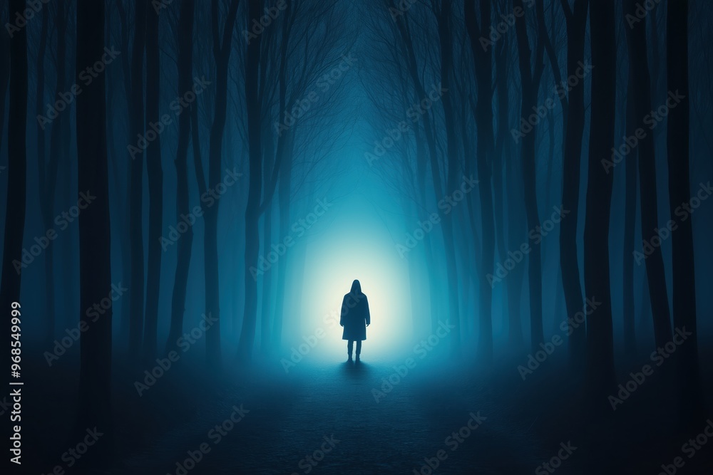 Into the Unknown: A lone figure shrouded in darkness, stands amidst a blue-tinged, misty forest, their silhouette illuminated by an ethereal glow, creating an atmosphere of suspense and intrigue. Into the Unknown: A lone figure shrouded in darkness, stands amidst a blue-tinged, misty forest, their silhouette illuminated by an ethereal glow, creating an atmosphere of suspense and intrigue.