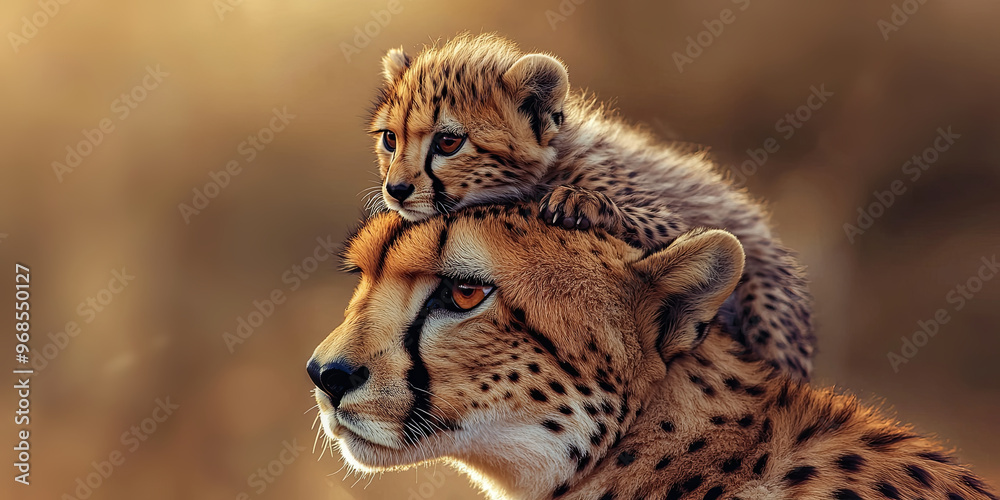 Obraz premium Cute baby cheetah on the head of its mother, generative AI