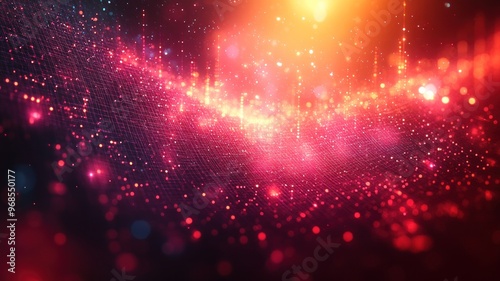 Abstract digital landscape with vibrant lights and particles.