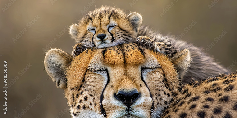 Obraz premium Cute baby cheetah on the head of its mother, generative AI