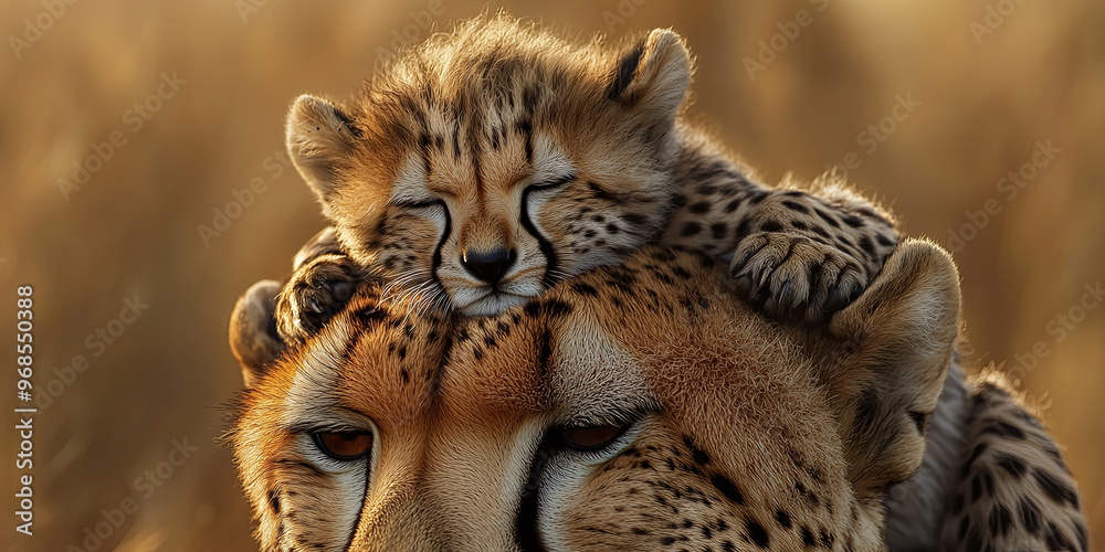 Cute baby cheetah on the head of its mother, generative AI Cute baby cheetah on the head of its mother, generative AI
