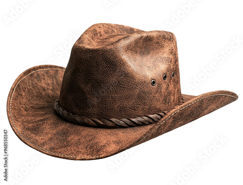 Brown leather cowboy hat with distressed finish clipart on transparent background