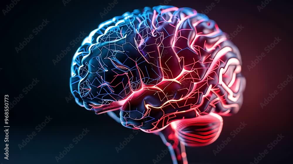 Brain with glowing neural connections, holographic style, neon lights