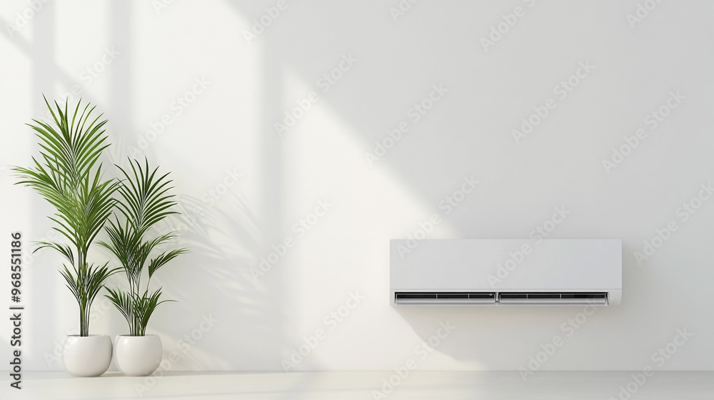 Fototapeta premium Modern interior featuring a stylish air conditioning unit and lush green plants against a bright, minimalist wall