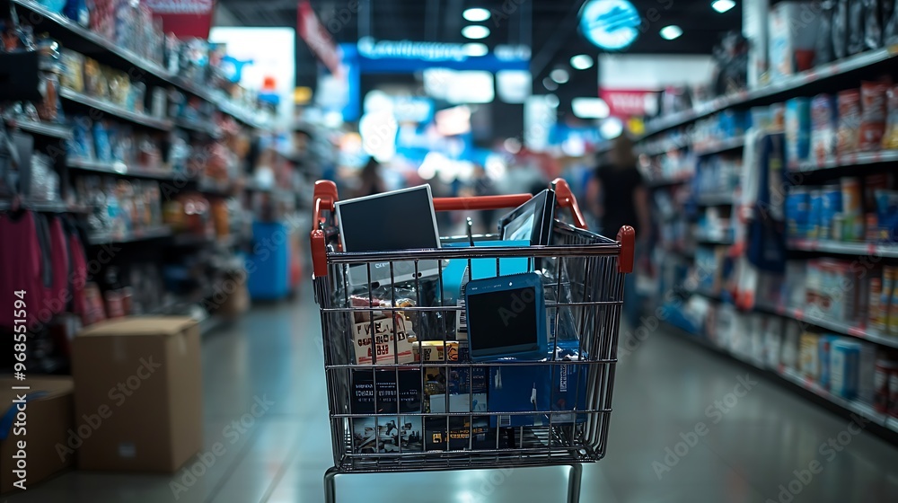 A close-up of a shopping cart filled with a mix of electronics, clothes, and household items, chaotic scene in the background with shoppers rushing for last-minute deals, sale signs everywhere, A close-up of a shopping cart filled with a mix of electronics, clothes, and household items, chaotic scene in the background with shoppers rushing for last-minute deals, sale signs everywhere,