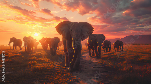 A herd of elephants walk across a dry grassland at sunset, creating graceful silhouettes against the golden light that filters through the sky.