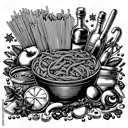 Illustration of pasta and tomatoes in black and white on white background. Vector, generative ai.