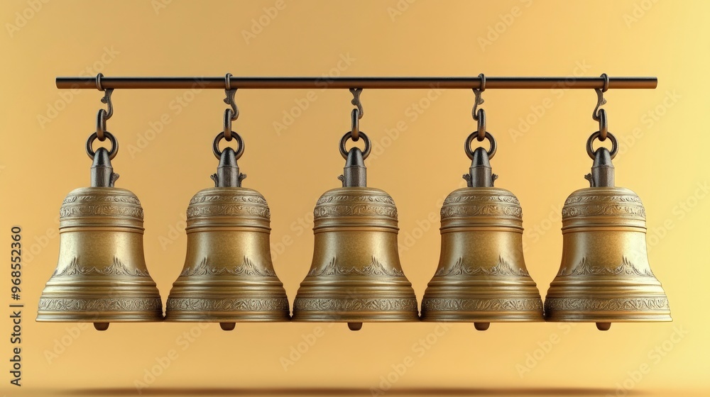 Obraz premium Temple bells, hanging in a row, golden background, soft lighting