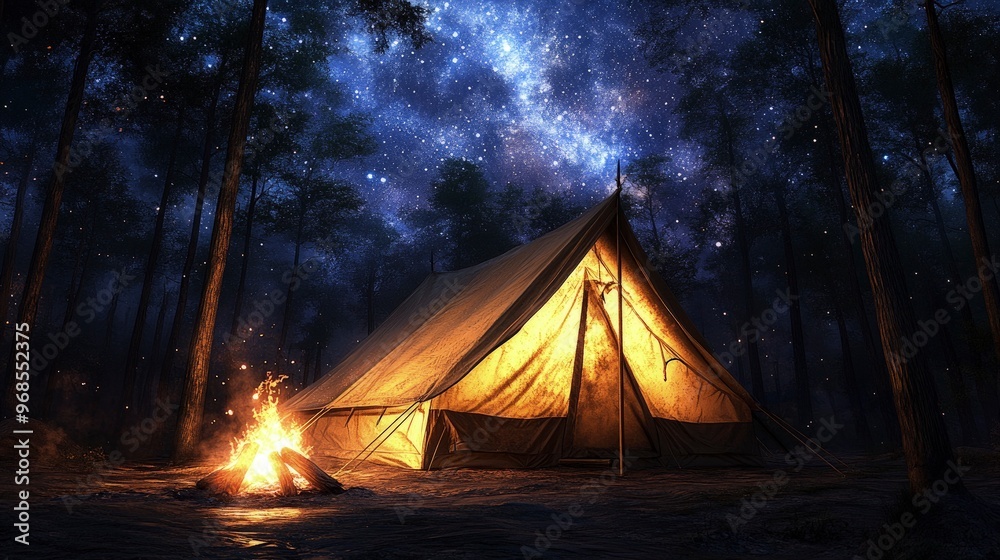 Tent in a forest, campfire glowing, stars visible in the night sky, soft firelight Tent in a forest, campfire glowing, stars visible in the night sky, soft firelight