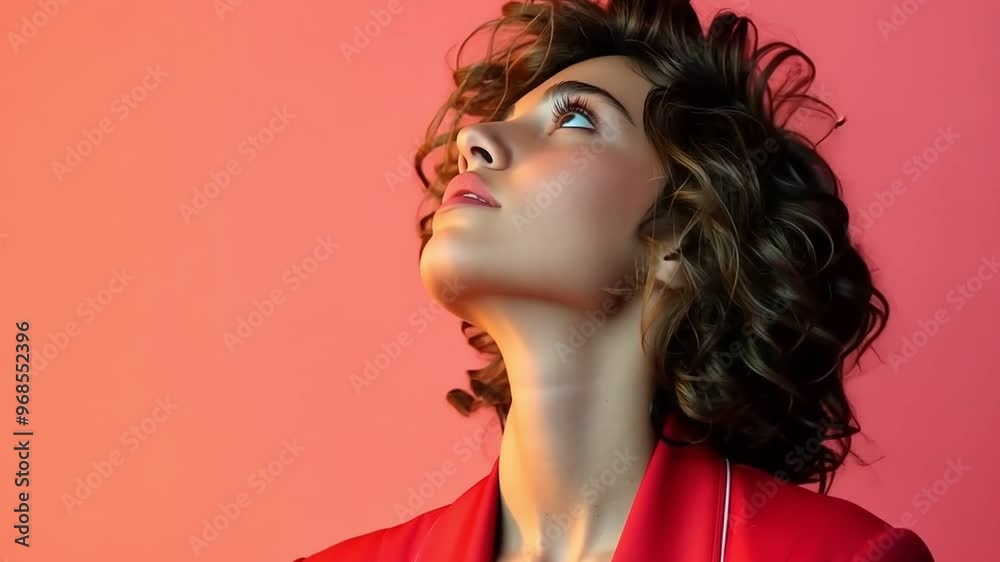 Confident woman in a red blazer, pink background, neon style, glowing edges, Confident woman in a red blazer, pink background, neon style, glowing edges,