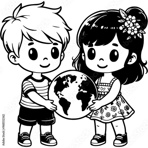 Boy and girl volunteers hold planet earth in their hands in monochrome. Simple minimalistic vector in black ink drawing on transparent background