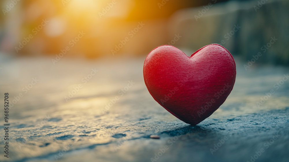 Fototapeta premium A red heart-shaped object rests on a textured surface during sunset, symbolizing love and warmth in an outdoor setting