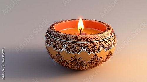 Traditional decorative candle in an ornate clay bowl with intricate patterns and a glowing flame flickering brightly