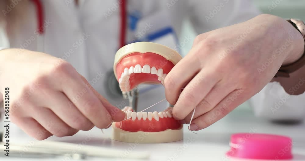 Demonstration of oral hygiene using dental floss technique