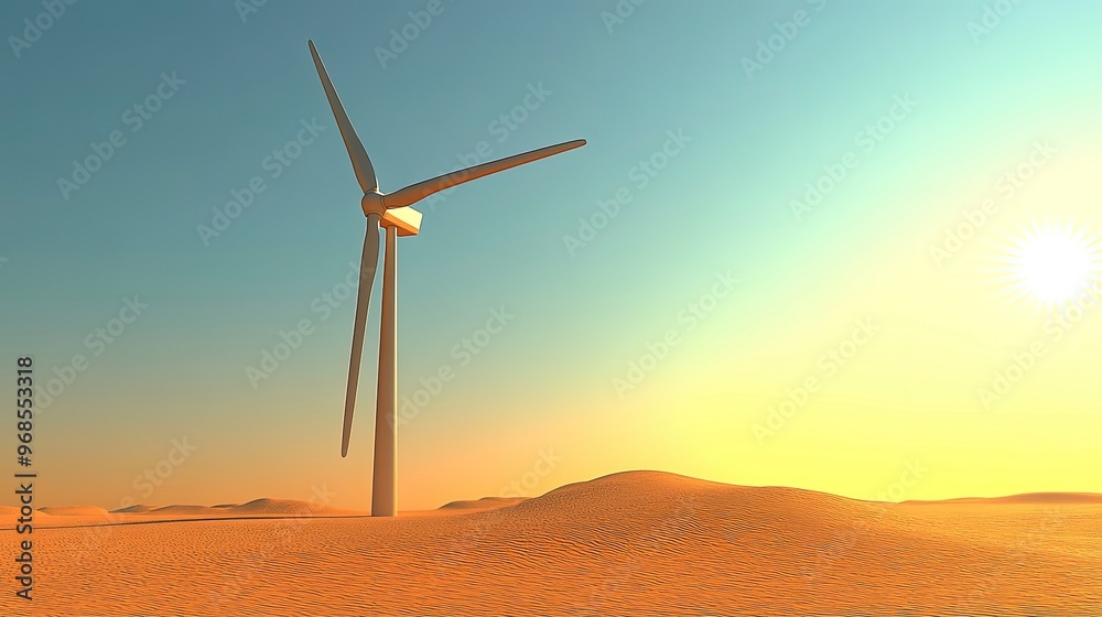 Obraz premium Wind turbine, in a desert landscape, sandy dunes, bright sunlight