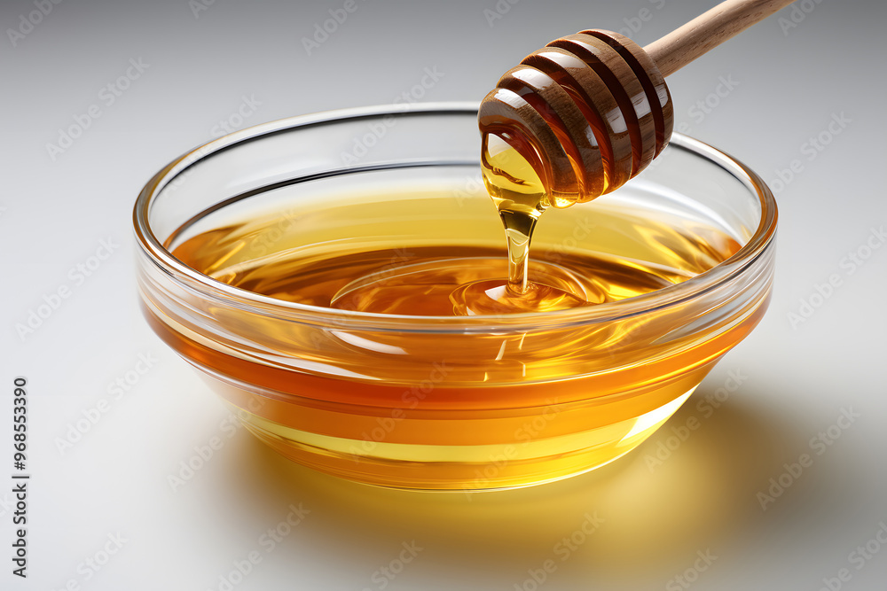 Honey being poured into a glass bowl with a wooden dipper. Natural and healthy food concept.