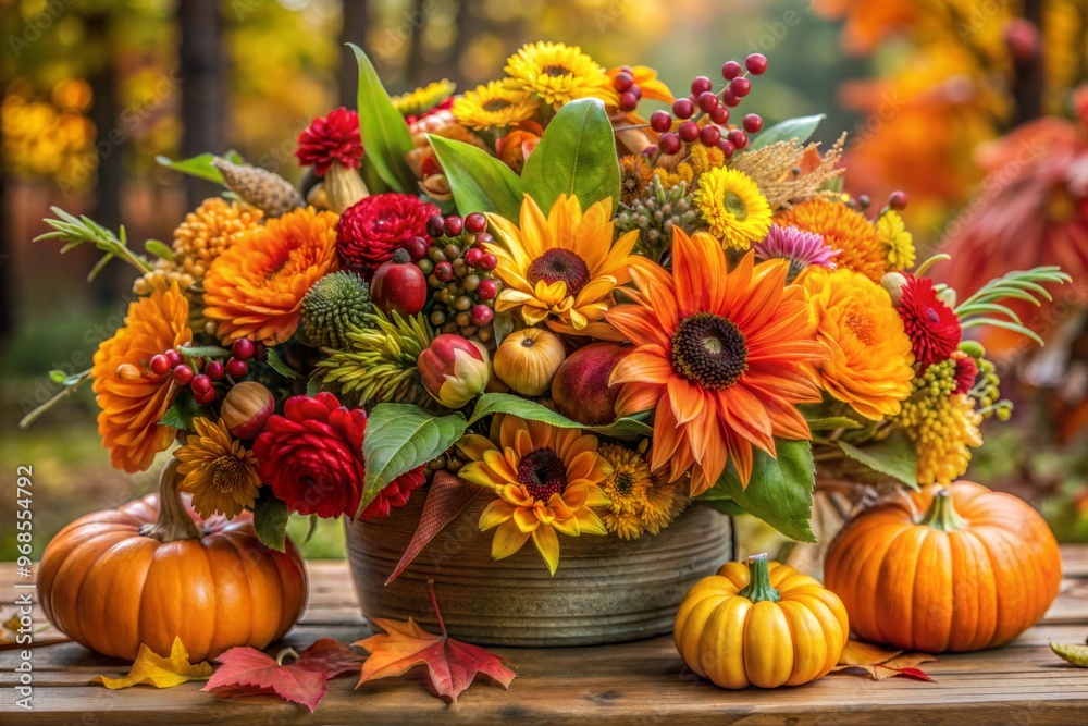 Autumn floral arrangement in rustic pot with pumpkins Autumn floral arrangement in rustic pot with pumpkins