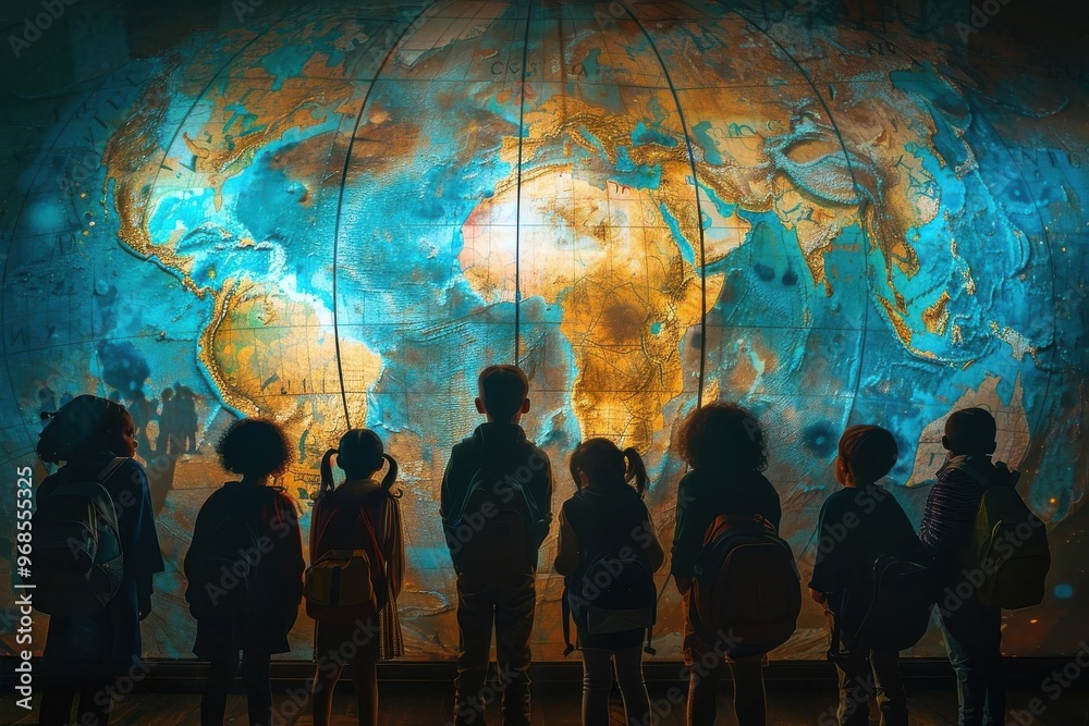Obraz premium Children exploring a glowing globe, fascinated by the world. A captivating moment of discovery and curiosity in an educational setting.