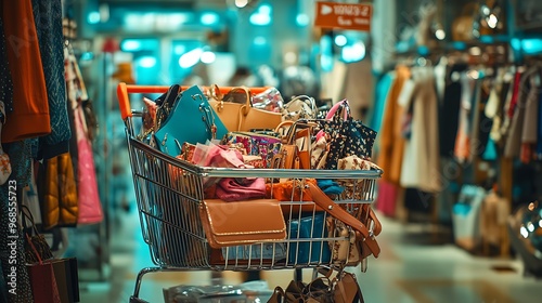 A shopping cart stuffed with fashionable outfits, shoes, and luxury accessories, stylish bags and clothes spilling over the edges, a busy boutique with elegant decor and sale signs in the background, 